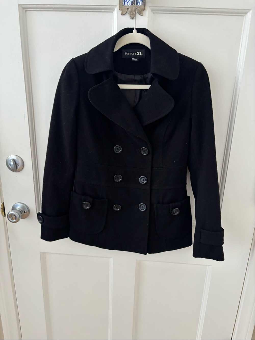 Forever 21 Women's Black Double-Breasted Pea Coat